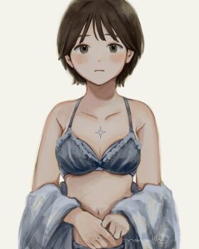 Rule 34 | 1girl, arms at sides, black hair, bra, choppy bangs, closed mouth, commentary request, grey bra, grey eyes, highres, navel, nena labo, no shirt, original, short hair, simple background, solo, stomach, underwear, upper body, very short hair, white background
