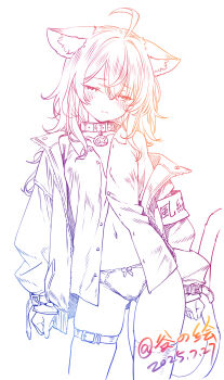1girl absurdres animal_ears breasts cat_ears cat_girl cat_tail collar colored_lineart dated embarrassed gradient_lineart gu highres jacket lineart long_hair long_sleeves looking_at_viewer navel no_pants off_shoulder open_clothes open_jacket open_shirt original panties partially_unbuttoned shirt shy simple_background single_thighhigh small_breasts stomach tail thigh_strap thighhighs underwear white_background