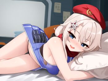1girl 9a-91_(girls'_frontline) absurdres beret black_panties blonde_hair blue_eyes breasts commentary commission english_commentary girls'_frontline girls'_frontline_2:_exilium hair_ornament hat highres hugging_object indoors long_hair looking_at_viewer nabiyan navel open_mouth panties pillow pillow_hug pixiv_commission red_scarf scarf sideboob smile solo star_(symbol) star_hair_ornament teeth underwear upper_teeth_only