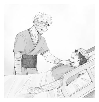 Rule 34 | 2boys, 5mll3, bakugou katsuki, bandaged arm, bandaged head, bandages, bed, boku no hero academia, border, crying, crying with eyes open, freckles, greyscale, hand on another's shoulder, hospital bed, hospital gown, injury, looking at another, lying, male focus, midoriya izuku, monochrome, multiple boys, on back, open mouth, short hair, simple background, spiked hair, tears, under covers, white background, white border