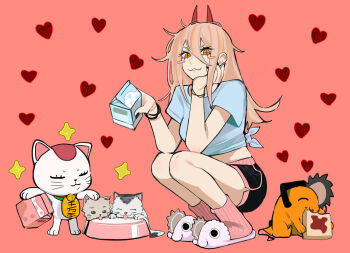 1boy 2girls alternate_costume blonde_hair bread bread_slice carton cat chainsaw chainsaw_man commentary cross-shaped_pupils dandadan demon_girl demon_horns drinking eating english_commentary food hair_between_eyes handle heart highres holding holding_carton holding_milk_carton horns long_hair maneki-neko milk milk_carton multiple_cats multiple_girls pochita_(chainsaw_man) power_(chainsaw_man) pull_cord red_horns sailen0 symbol-shaped_pupils turbo_granny_(dandadan)