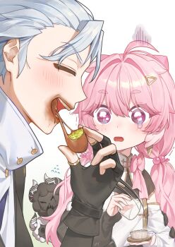 1boy 1girl aalto_(wuthering_waves) black_gloves closed_eyes cloudy_(wuthering_waves) commentary cosmos_(wuthering_waves) dress dubai_chocolate earrings eating encore_(wuthering_waves) fingerless_gloves flying_sweatdrops food_theft gloves grey_hair hair_ornament highres jewelry long_hair looking_at_another open_mouth pink_hair revision smile symbol-only_commentary teardrop thick_eyebrows white_dress wuthering_waves zua_(2vziu)