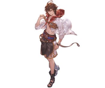 1boy ahoge arm_up bag belt bishounen bracelet brown_bag brown_hair downscaled expressionless floating_clothes full_body gladiator_sandals granblue_fantasy hair_between_eyes hip_bones hood hood_down jacket jewelry light_frown male_focus male_swimwear midriff minaba_hideo official_alternate_costume official_art open_clothes open_jacket pectorals red_eyes resized sandalphon_(granblue_fantasy) sandalphon_(summer)_(granblue_fantasy) sandals sleeves_rolled_up standing swim_trunks tachi-e transparent_background