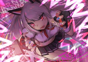 Rule 34 | 1girl, animal ears, azur lane, black skirt, blue nails, commentary request, eicam, fangs, fingerless gloves, gloves, grey hair, highres, long hair, looking at viewer, nail polish, navel, open mouth, red eyes, red nails, rigging, ship turret, signature, skirt, solo, stomach, wolf ears, wolf girl, yellow nails, yuudachi (azur lane)