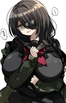 1girl arm_between_breasts arm_under_breasts between_breasts black_collar black_hair black_serafuku black_shirt braid breasts collar glasses green_eyes green_jacket green_sleeves hair_intakes hair_over_one_eye highres indie_virtual_youtuber jacket kanoto_kaoru large_breasts long_hair long_sleeves looking_at_viewer neckerchief open_mouth red_neckerchief school_uniform serafuku shirt simple_background single_braid solo speech_bubble sweat upper_body urabanasimati virtual_youtuber white_background