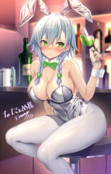 1girl alternate_costume animal_ear_hairband animal_ears ao_no_kanata_no_four_rhythm bar_(place) blurry blurry_background blush bow bowtie braid breasts bunny_day cleavage commentary_request commission cup curvy detached_collar drinking_glass emanon123 embarrassed fake_animal_ears feet_out_of_frame furrowed_brow green_bow green_bowtie green_eyes green_nails grey_hair hairband hand_up highres holding holding_cup ice_bucket indoors inui_saki large_breasts leotard nail_polish nose_blush pantyhose parted_lips playboy_bunny rabbit_ears second-party_source short_hair short_hair_with_long_locks side-tie_leotard signature silver_leotard sitting skeb_commission solo stool strapless strapless_leotard thick_thighs thighs twin_braids white_pantyhose white_wrist_cuffs wine_glass wrist_cuffs
