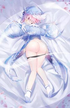 Rule 34 | 1girl, absurdres, ass, black panties, blue hat, blue kimono, commentary request, dakimakura (medium), frilled sleeves, frills, full body, hat, highres, hitodama, japanese clothes, kimono, long sleeves, looking at viewer, lying, mob cap, on stomach, panties, panty pull, petal print, petals, pink eyes, pink hair, pink petals, print kimono, saigyouji yuyuko, sia 6767, sleeve garter, socks, solo, touhou, triangular headpiece, underwear, white socks, wide sleeves