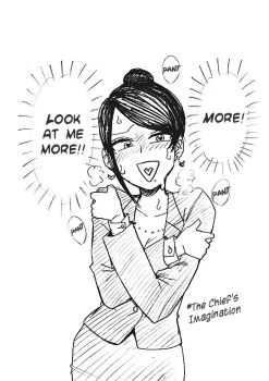 1girl asymmetrical_bangs bijin_onna_joushi_takizawa-san black_eyes black_hair blazer blush breasts cleavage collarbone earrings english_text female_focus formal_clothes hair_bun hair_tied hair_tied_back hair_tied_up hanging_breasts hear heart heart-shaped_pupils heart_earrings heart_in_mouth jacket jewelry large_breasts long_bangs long_sleeves mole mole_under_mouth monochrome necklace office_lady heavy_breathing parted_bangs pearl_necklace pencil_skirt sagging_breasts simple_background skirt solo solo_focus speech_bubble steam steaming_body suit suit_jacket sweat sweatdrop symbol-shaped_pupils takizawa_kyouko thought_bubble white_background yan-baru