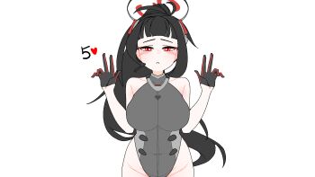 1girl animated animated_gif bare_shoulders black_gloves black_hair blue_archive blunt_bangs blush breasts bright_pupils collarbone commentary_request covered_navel dthmns gloves grey_leotard halo high_ponytail highleg highleg_leotard highres korean_commentary korean_text large_breasts leaning_forward leotard long_hair looking_at_viewer mechanical_halo narrowed_eyes official_alternate_costume parted_lips ponytail red_eyes ringed_eyes rio_(armed)_(blue_archive) rio_(blue_archive) sexually_suggestive simple_background solo standing translation_request white_background white_pupils