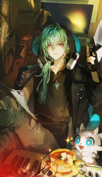 1boy absurdres anaxa_(alternate_spacetime)_(honkai:_star_rail) anaxa_(honkai:_star_rail) aqua_hair black_gloves black_jacket black_shirt chimera_(honkai:_star_rail) commentary denim fingerless_gloves food gloves hair_intakes hair_over_shoulder headphones headphones_around_neck highres honkai:_star_rail honkai_(series) hood hood_up hooded_jacket jacket jeans kkuekkue_(chifer1958) long_hair low_ponytail male_focus pancake pants phainon_(honkai:_star_rail) phainon_(vigethos)_(honkai:_star_rail) ponytail shirt sitting sleeveless sleeveless_shirt solo torn_clothes torn_jeans torn_pants