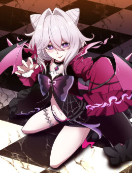 1girl black_coat black_shorts bow bowtie checkered_floor coat commentary demon_wings english_commentary fake_wings hair_intakes highres honkai_(series) honkai_impact_3rd jacket kneeling long_hair looking_at_viewer micro_shorts midriff nabeiro_kin navel purple_bow purple_bowtie purple_eyes red_jacket shorts solo thelema_nutriscu thigh_strap thighs tongue tongue_out white_hair wings
