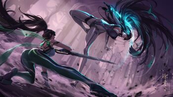 2girls absurdres artist_name ass battle black_hair bodysuit breasts chinese_commentary cleavage commentary_request dynamic_pose eve_(stellar_blade) glowing glowing_sword glowing_weapon green_bodysuit highres indoors large_breasts long_hair multicolored_bodysuit multiple_girls ponytail purple_bodysuit raven_(stellar_blade) reverse_grip second-party_source stellar_blade sword tuweibu two-tone_bodysuit weapon white_bodysuit