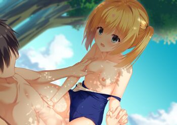 1boy 1girl 8kumagawa_(log) abs absurdres aqua_eyes bare_arms blonde_hair blue_sky blush breasts censored chitose_sana clothes_pull clothing_aside cloud collarbone commentary completely_nude cowgirl_position dappled_sunlight dutch_angle eyelashes fingernails grabbing_another&#039;s_breast groin groping hair_between_eyes hand_on_another&#039;s_stomach happy_sex hetero highres holding_hands interlocked_fingers leaning_forward long_hair looking_at_another lower_teeth_only midriff mosaic_censoring nipples nude one-piece_swimsuit_pull open_mouth outdoors saliva school_swimsuit sex sidelocks sky small_breasts solo_focus straddling straight_hair sunlight swimsuit swimsuit_aside teeth tenshinranman thighs tree tree_shade twintails yuzusoft