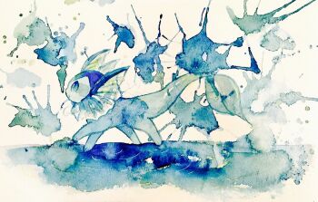 Rule 34 | animal focus, blue eyes, full body, gen 1 pokemon, nintendo, no humans, non (kumakawayusu), open mouth, painting (medium), pokemon, pokemon (creature), ripples, solo, splatter, traditional media, vaporeon, walking, watercolor (medium)