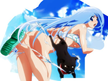 10s aqua_hair blue_eyes blush censored convenient_censoring dog kisara_(yu-gi-oh!) kusuha_mizuha super_robot_wars super_robot_wars_og_the_inspector super_robot_wars_original_generation_2 swimsuit yu-gi-oh! yu-gi-oh!_duel_monsters