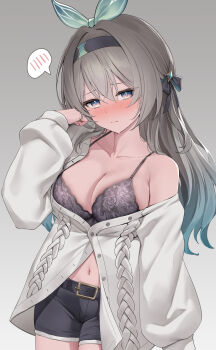 1girl alternate_costume belt black_belt black_hairband black_shorts blue_eyes blue_pupils blush bra breasts cardigan cleavage closed_mouth collarbone commentary cowboy_shot firefly_(honkai:_star_rail) gradient_background green_ribbon grey_background grey_bra grey_cardigan grey_hair hair_between_eyes hair_ribbon hairband hand_up highres honkai:_star_rail honkai_(series) long_hair looking_at_viewer lunacle midriff navel nose_blush paid_reward_available partially_unbuttoned purple_eyes ribbon short_shorts shorts single_bare_shoulder single_off_shoulder solo spoken_blush underwear