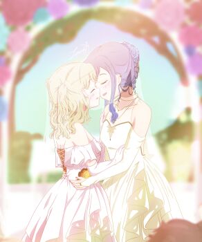 2girls absurdres azusawa_kohane blonde_hair blurry blurry_background blush bridal_gauntlets bridal_veil closed_eyes commentary dress elbow_gloves english_commentary gloves hand_on_another&#039;s_waist highres leonamelody047 long_hair multiple_girls off-shoulder_dress off_shoulder outdoors parted_lips pink_nails project_sekai purple_hair shiraishi_an signature two_side_up veil wedding_dress white_dress white_gloves wife_and_wife yuri