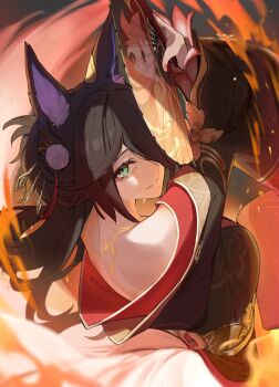 Rule 34 | 1girl, animal ear fluff, animal ears, bare shoulders, breasts, brown hair, commentary request, eyeliner, fire, fox ears, fox girl, fugue (honkai: star rail), green eyes, hair ornament, hair over one eye, hairpin, hand fan, highres, honkai: star rail, honkai (series), lempika, long hair, looking at viewer, makeup, nail polish, off shoulder, smirk, tail, tassel, tattoo, tingyun (honkai: star rail)