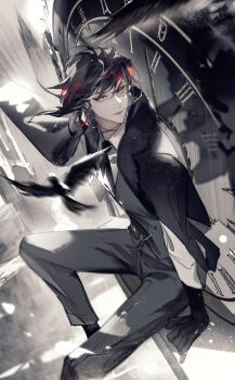 1boy absurdres analog_clock arm_support bird black_gloves black_hair black_jacket black_necktie black_pants black_vest chinese_commentary choker clock clock_tower closed_mouth collared_shirt commentary_request crow feet_out_of_frame from_side gloves high_up highres jacket jacket_on_shoulders lips long_hair long_sleeves looking_to_the_side male_focus medium_hair multicolored_hair necktie nijisanji nijisanji_en pants red_choker red_hair shirt sitting solo tower two-tone_hair vest virtual_youtuber vox_akuma white_shirt yellow_eyes yichun583