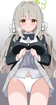 1girl absurdres blue_archive blush bow bow_panties bowtie braid breasts cameltoe clothes_lift commentary_request cowboy_shot diagonal-striped_bow diagonal-striped_bowtie diagonal-striped_clothes embarrassed film_grain flower_halo green_bow green_bowtie green_halo grey_hair grey_skirt groin hair_between_eyes hair_bow hair_ribbon halo hazel_eyes heavy_breathing highres large_breasts lifting_own_clothes long_hair long_sleeves looking_at_viewer miyo_(blue_archive) paid_reward_available panties pink_bow ribbon ribbon_braid rikki school_uniform side_braids sidelocks skirt skirt_lift solo striped_bow striped_bowtie striped_clothes sweat underwear very_long_hair white_bow white_panties