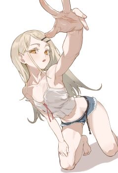 1girl armpits barefoot chan_ye2 dutch_angle gakuen_idolmaster groin hair_ornament hairclip idolmaster kneeling midriff navel reaching reaching_towards_viewer shinosawa_hiro short_shorts shorts solo tank_top white_tank_top