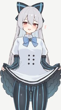 1girl black_bow blue_bow blue_bowtie blush bow bowtie commentary_request dress girls&#039;_frontline hair_bow hiepita97 highres long_hair looking_at_viewer open_mouth pantyhose red_eyes simple_background skirt_hold solo teeth tokarev_(girls&#039;_frontline) upper_teeth_only white_background white_dress white_hair