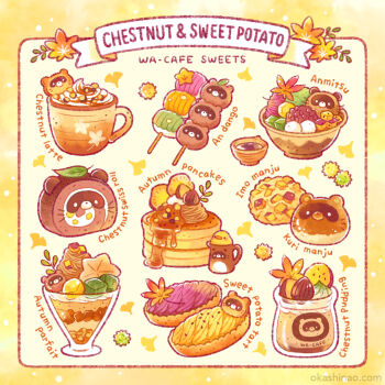 Rule 34 | animal-themed food, anmitsu (dessert), autumn, autumn leaves, steamed bun, border, bowl, cake, chestnut, coffee, cup, dango, english text, food, food focus, fruit, glass, grapes, ice cream, jar, leaf, maple syrup, matcha (food), nao (bestrollever), no humans, original, pancake, parfait, pudding, raccoon, sanshoku dango, simple background, starfruit, sweet potato, swiss roll, tart (food), teacup, wagashi, watermark, whipped cream, white background, yellow border