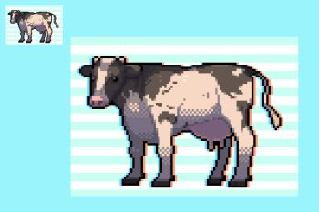 animal_focus blue_background commentary_request cow dithering hooves horns no_humans omunikin original pixel_art striped_background udder