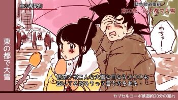 1boy 1girl black_hair blush chi-chi_(dragon_ball) coat dragon_ball drops7 gloves interview meme microphone miiko_(drops7) parody son_goku special_feeling_(meme) spiked_hair translation_request umbrella