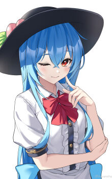 1girl absurdres back_bow black_hat blue_bow blue_hair blush bow bowtie center_frills closed_mouth collared_shirt commentary frills hat hat_ornament highres hinanawi_tenshi leaf_hat_ornament long_hair looking_at_viewer one_eye_closed peach_hat_ornament puffy_short_sleeves puffy_sleeves red_bow red_bowtie red_eyes shirt short_sleeves simple_background smile solo touhou twitter_username very_long_hair white_background yoshinatsu