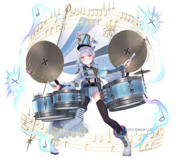 1girl :o arm_up asymmetrical_footwear asymmetrical_shorts bag beamed_sixteenth_notes black_pantyhose black_thighhighs blush boots braid character_request cymbals drum drumsticks eighth_note flag frilled_sleeves frills full_body grey_hair hat highres holding holding_drumsticks instrument jacket long_sleeves looking_at_viewer musical_note official_art pantyhose parted_lips purple_eyes quarter_note sennen_sensou_aigis shako_cap shirt shorts shoulder_bag simple_background single_leg_pantyhose single_thigh_boot sixteenth_note solo standing suspender_shorts suspenders thigh_boots thighhighs thighhighs_under_boots tsuchikure v-shaped_eyebrows white_background white_boots white_hat white_jacket white_shirt white_shorts wide_sleeves