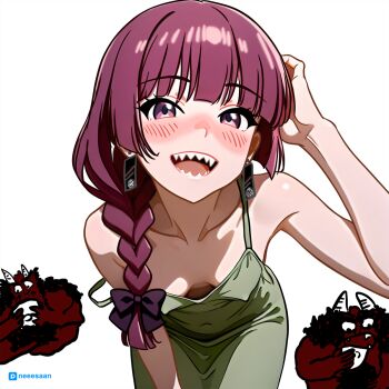 blush bocchi_the_rock! breasts collarbone commentary_request covered_erect_nipples dress hanging_breasts highres hiroi_kikuri looking_at_viewer open_mouth sharp_teeth small_breasts smile teeth