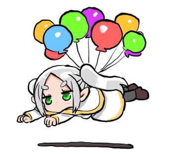 1girl balloon black_pantyhose blush brown_shoes capelet chibi chibi_only clenched_hands closed_mouth commentary_request flying frieren full_body green_eyes grey_hair jitome long_hair long_sleeves outstretched_arms pantyhose parted_bangs sankakuhead shirt shoes sidelocks simple_background skirt skirt_set solo sousou_no_frieren thick_eyebrows twintails white_background white_capelet white_shirt white_skirt