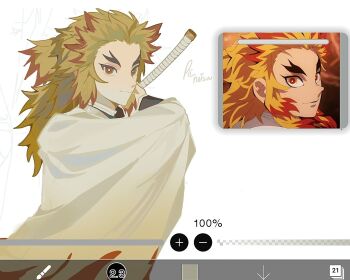 1boy anime_screenshot art_program_in_frame black_jacket blonde_hair colored_tips derivative_work forked_eyebrows haori highres jacket japanese_clothes kimetsu_no_yaiba light_smile long_hair male_focus multicolored_hair pii_natsuuu red_eyes red_hair reference_inset rengoku_kyoujurou screenshot_redraw sidelocks solo two-tone_hair