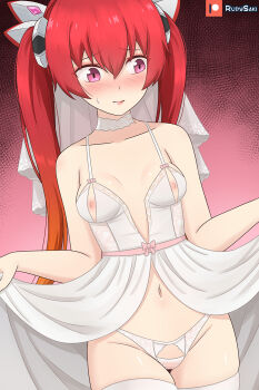 1girl blush breasts collarbone dress genderswap genderswap_(mtf) gradient_hair highres lipstick long_hair makeup multicolored_hair navel nipples orange_hair ore_twintail_ni_narimasu pink_eyes red_hair rudy_saki skindentation small_breasts solo sweatdrop tailred thighhighs very_long_hair wedding_dress