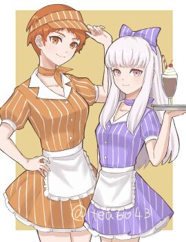 Rule 34 | 2girls, alternate costume, apron, bandana, bandana around neck, blush, bow, breasts, cherry, closed mouth, collarbone, cup, drinking straw, fire emblem, fire emblem: three houses, food, fruit, hair bow, hat, highres, holding, holding tray, leonie pinelli, long hair, looking at viewer, lysithea von ordelia, milkshake, multiple girls, nintendo, orange bandana, orange eyes, orange hair, orange shirt, orange skirt, pink eyes, purple bandana, purple shirt, purple skirt, shirt, short hair, short sleeves, simple background, skirt, smile, striped clothes, tea6043, tray, vertical-striped clothes, visor cap, waist apron, waitress, whipped cream, white apron, white hair