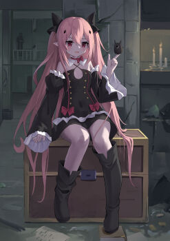 1girl :d absurdres arm_at_side arukanu bare_shoulders black_boots black_bow blush boots bow bowtie box buttons candle candlelight chinese_commentary commentary covered_navel criss-cross_halter dark detached_collar detached_sleeves double-breasted double-parted_bangs dress dress_bow eyelashes fang fengxue flat_chest frilled_sleeves frills full_body hair_between_eyes hair_bow halterneck hand_up highres index_finger_raised indoors juliet_sleeves krul_tepes long_hair long_sleeves looking_at_another on_box open_mouth owari_no_seraph pink_hair pointy_ears puffy_sleeves red_bow red_bowtie red_eyes short_dress sidelighting sidelocks sitting skin_fang sleeveless sleeveless_dress smile smug solo v-shaped_eyebrows very_long_hair white_dress wide_sleeves wooden_box