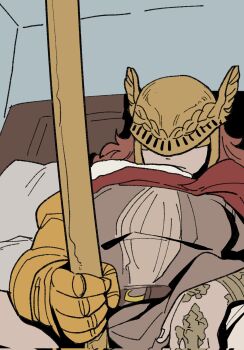 1girl armor bed boned-woo cape closed_mouth corrupted_twitter_file covered_eyes elden_ring fromsoftware gold_armor golden_sword helmet helmet_over_eyes highres holding holding_sword holding_weapon long_hair malenia_blade_of_miquella mechanical_arms on_bed phallic_symbol prosthesis prosthetic_arm red_cape red_hair scarlet_aeonia_(elden_ring) sexually_suggestive single_mechanical_arm sword weapon winged_helmet