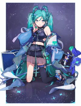 1girl absurdres aqua_hair aqua_nails arm_at_side arm_belt asymmetrical_clothes asymmetrical_skirt belt black_skirt black_thighhighs blue_belt blue_bow border bow braid braided_hair_rings breasts buttoned_cuffs buttons choppy_bangs clothing_cutout constellation_hair_ornament crop_top dark_background denim denim_jacket denim_skirt dot_nose ear_piercing earrings fingernails full_body grey_eyes hair_ornament hair_rings hairclip halftone halftone_background hand_on_own_face hand_up hatsune_miku heart heart_earrings highres holding holding_microphone_stand holographic_clothing jacket jacket_partially_removed jewelry kneeling light_blush long_eyelashes looking_at_viewer magical_mirai_(vocaloid) magical_mirai_miku magical_mirai_miku_(2025) microphone_stand midriff navel open_clothes open_jacket outside_border parted_lips pearl_hair_ornament piercing platform_sandals pleated_skirt ribbon_hair sae85462599 sandals see-through_clothes see-through_skirt side_cutout sidelocks simple_background single_bare_shoulder single_earring single_thighhigh skirt sky small_breasts smile solo sparkle sparkle_background star_(sky) star_(symbol) star_hair_ornament starry_sky swept_bangs tareme tassel tassel_earrings thigh_belt thigh_strap thighhighs twintails two-sided_fabric two-sided_jacket vocaloid white_border zipper zipper_top