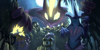 absurdres closed_mouth commentary_request drum drumsticks dynamax evolutionary_line fangs full_moon gen_8_pokemon gigantamax gigantamax_toxtricity glowing glowing_eyes highres holding holding_drumsticks instrument king_joe_(neoroto) light_particles moon night nintendo open_mouth outdoors pokemon pokemon_(creature) pokemon_focus skin_fangs sky tongue tongue_out toxel toxtricity toxtricity_(amped) toxtricity_(low_key)