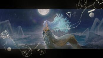 1girl 37_(reverse:1999) ancient_greek_clothes bare_shoulders beach blue_eyes blue_sky circle clay_(silverclayyy) feet_out_of_frame floating_hair full_moon geometric_solid golden_spiral greco-roman_clothes hands_up highres letterboxed long_hair moon night night_sky ocean own_hands_together reverse:1999 sand sky solo triangle upper_body very_long_hair