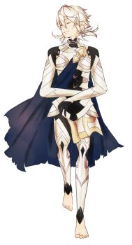 1boy barefoot blue_cape cape commentary english_commentary fire_emblem fire_emblem_fates full_body gloves grin hair_between_eyes lithety male_corrin_(fire_emblem) male_focus nintendo pointy_ears smile solo white_hair