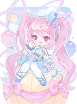 1girl absurdly_long_hair absurdres aircraft argyle_bow artist_name ballet_slippers bare_shoulders blue_bow blue_dress blue_hairband blue_hat blue_outline blue_ribbon blue_shoes blue_sky blue_wrist_cuffs border bow chibi chinese_commentary choker cloud commentary_request dance_till_dawn_(infinity_nikki) day detached_sleeves dress footwear_bow frilled_dress frills hairband hand_on_own_cheek hand_on_own_face happy hat hat_bow highres hot_air_balloon infinity_nikki light_blush lolita_fashion long_hair medium_dress mini_hat mini_top_hat neck_ribbon nikki_(series) official_alternate_color open_mouth outdoors outline outside_border pantyhose pink_bow pink_eyes pink_hair ribbon shoes sishi_malus sitting sky smile solo star_(symbol) star_choker strapless strapless_dress tareme top_hat twintails two-tone_bow two-tone_dress two-tone_ribbon two-tone_wrist_cuffs vertical-striped_sleeves very_long_hair waist_bow wavy_hair white_border white_choker white_dress white_pantyhose white_ribbon white_sleeves white_wrist_cuffs wrist_cuffs yellow_bow