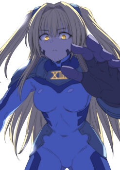 1girl blonde_hair blue_bodysuit bodysuit breasts closed_mouth facial_mark gloves hai_(h81908190) hair_between_eyes hair_intakes hair_ornament impossible_clothes konjiki_no_yami long_hair looking_at_viewer lyrical_nanoha mahou_shoujo_lyrical_nanoha_strikers military_uniform mind_control numbers&#039;_uniform numbers_(nanoha) sidelocks solo to_love-ru very_long_hair yellow_eyes