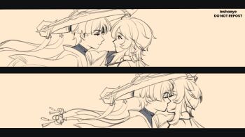 Rule 34 | 1boy, 1girl, black border, blunt ends, bodysuit, border, closed eyes, closed mouth, couple, face-to-face, facing another, from side, furisode, genshin impact, hat, hetero, highres, japanese clothes, jingasa, kimono, kiss, lumine (genshin impact), mandarin collar, profile, scaramouche (genshin impact), scarf, sepia, sequential, sha (leshaeye), short hair, short hair with long locks, short sleeves, sidelocks, smile, split screen, tareme, tsurime, wanderer (genshin impact), watermark