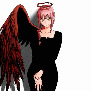 1girl black_dress braid braided_ponytail chainsaw_man collarbone dress feathered_wings halo highres isuke_(isuke_now) light_smile long_hair looking_at_viewer makima_(chainsaw_man) orange_hair own_hands_together red_wings ringed_eyes sidelocks single_wing solo wings yellow_eyes