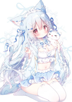 1girl animal_ears blue_bow blue_hair blue_ribbon blue_skirt blush bow bow_legwear braid breasts cat_ears cat_girl cat_tail cleavage cleavage_cutout closed_mouth clothing_cutout commentary crop_top cropped_shirt fish_hair_ornament frilled_shirt frilled_skirt frills full_body hair_ornament hair_ribbon hairclip large_breasts layered_skirt long_hair looking_at_viewer midriff miniskirt momozu_komamochi navel neck_ribbon no_shoes original parallel_hairclips pink_eyes pom_pom_(clothes) ribbon seiza shirt sitting skirt smile solo symbol-only_commentary tail tail_bow tail_ornament thighhighs too_many_bows very_long_hair white_background white_bow white_headdress white_shirt white_thighhighs wide_sleeves zettai_ryouiki