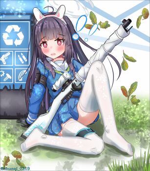 absurdres alternate_legwear animal_ears arm_support black_gloves black_hair blue_archive blue_shirt blue_skirt blush bolt_action fake_animal_ears gloves grass gun halo highres knee_up leaf leaf_on_head long_hair miyu_(blue_archive) no_shoes open_mouth pleated_skirt rabbit_ears red_eyes rifle sailor_collar school_uniform shirt shunqi_0319 sidelocks sitting skirt sniper_rifle solo thighhighs weapon white_thighhighs