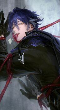 ... 1boy absurdres against_wall antenna_hair belt black_belt black_coat black_gloves blue_hair bound coat dripping flins_(genshin_impact) genshin_impact gloves gradient_hair hair_between_eyes half-closed_eyes highres long_hair long_sleeves looking_at_viewer looking_back male_focus mouth_hold multicolored_hair open_mouth restrained saliva shirt short_hair solo spoken_ellipsis teeth tentacle_in_mouth tentacles tentacles_on_male tongue tongue_out two-tone_hair upper_body vyqi yellow_eyes