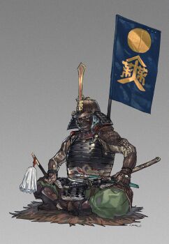 1boy armor black_eyes dou full_armor full_body gauntlets grey_background helmet highres holding indian_style japanese_armor kabuto_(helmet) katana kote kurokote kusazuri menpoo original pauldrons sakakibara_yasumasa_(real_life) samurai sheath sheathed shikoro short_sword shoulder_armor simple_background sitting sode solo suneate sword tachi_(weapon) takahito tantou weapon